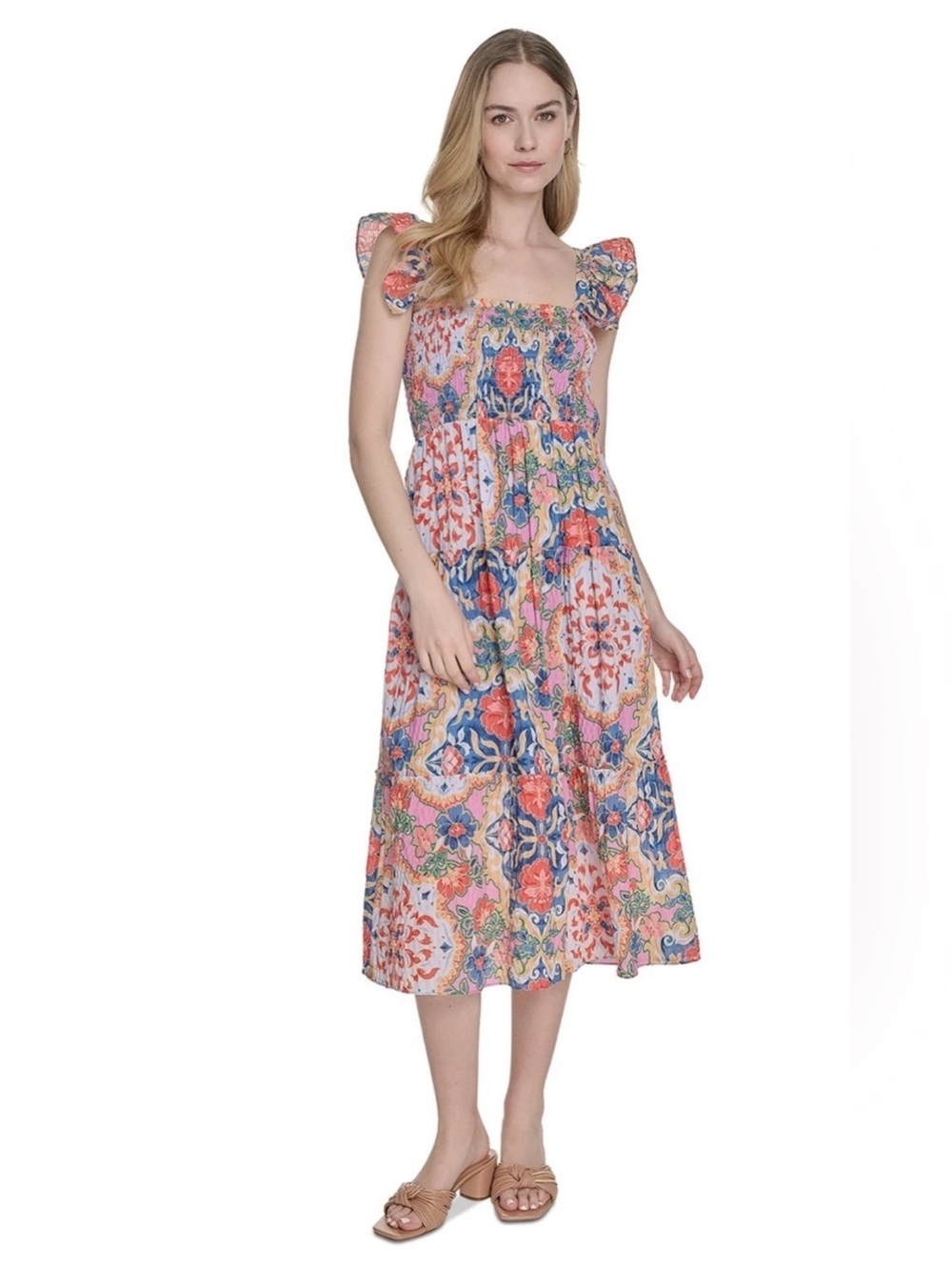 Vince Camuto Square Neck Floral Smocked Midi Dress